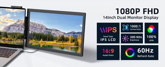 14 Inch IPS Type-C HD Portable Extended Monitor with Secondary Display for Laptop Gaming Live Streaming & Work