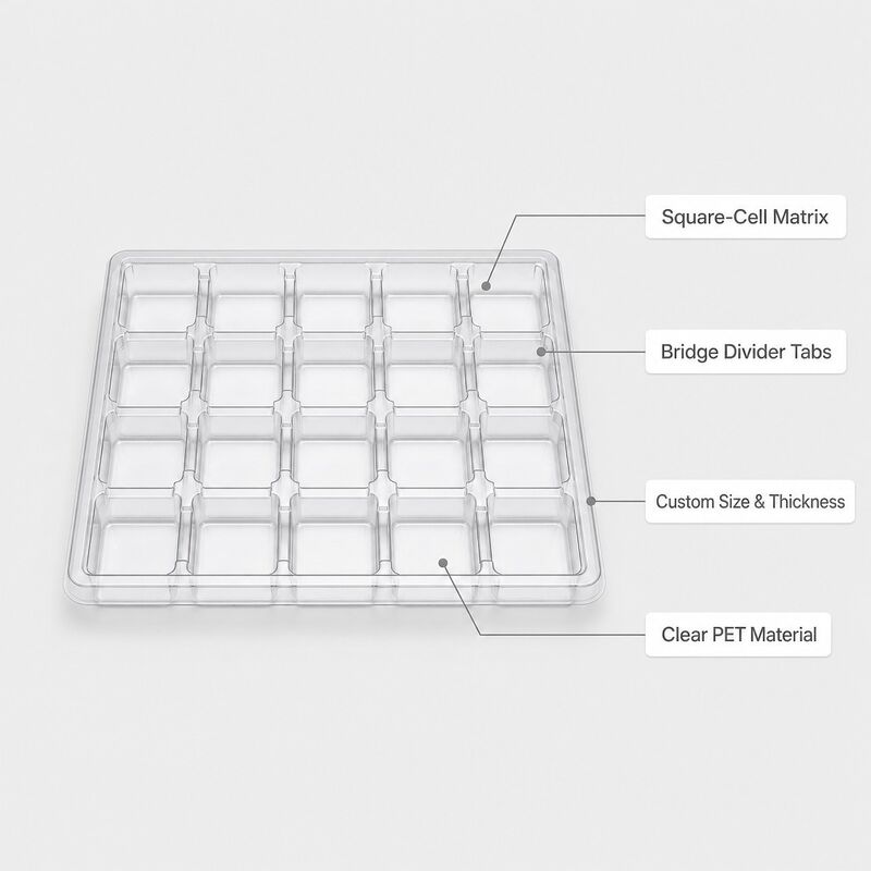 Clear PET Blister Tray Square Cell Bridge Divider Vacuum Formed Packaging Tray for Cutlery Hardware Tools Custom