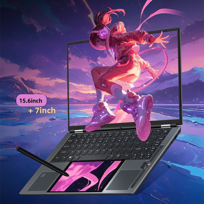 New 15.6 Inch 7 Inch Dual Screen Business Laptop Intel N150 Facial Recognition Support 180 Degree Flip Dual Band WiFi Camera US