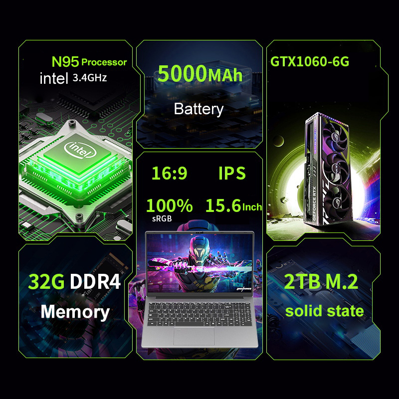 Hot Sale 15.6 Inch 1920*1080 GTX1060 6GB Gaming Laptop 32GB DDR4 512 GB 1TB 2TB SSD Portable Gaming Laptop