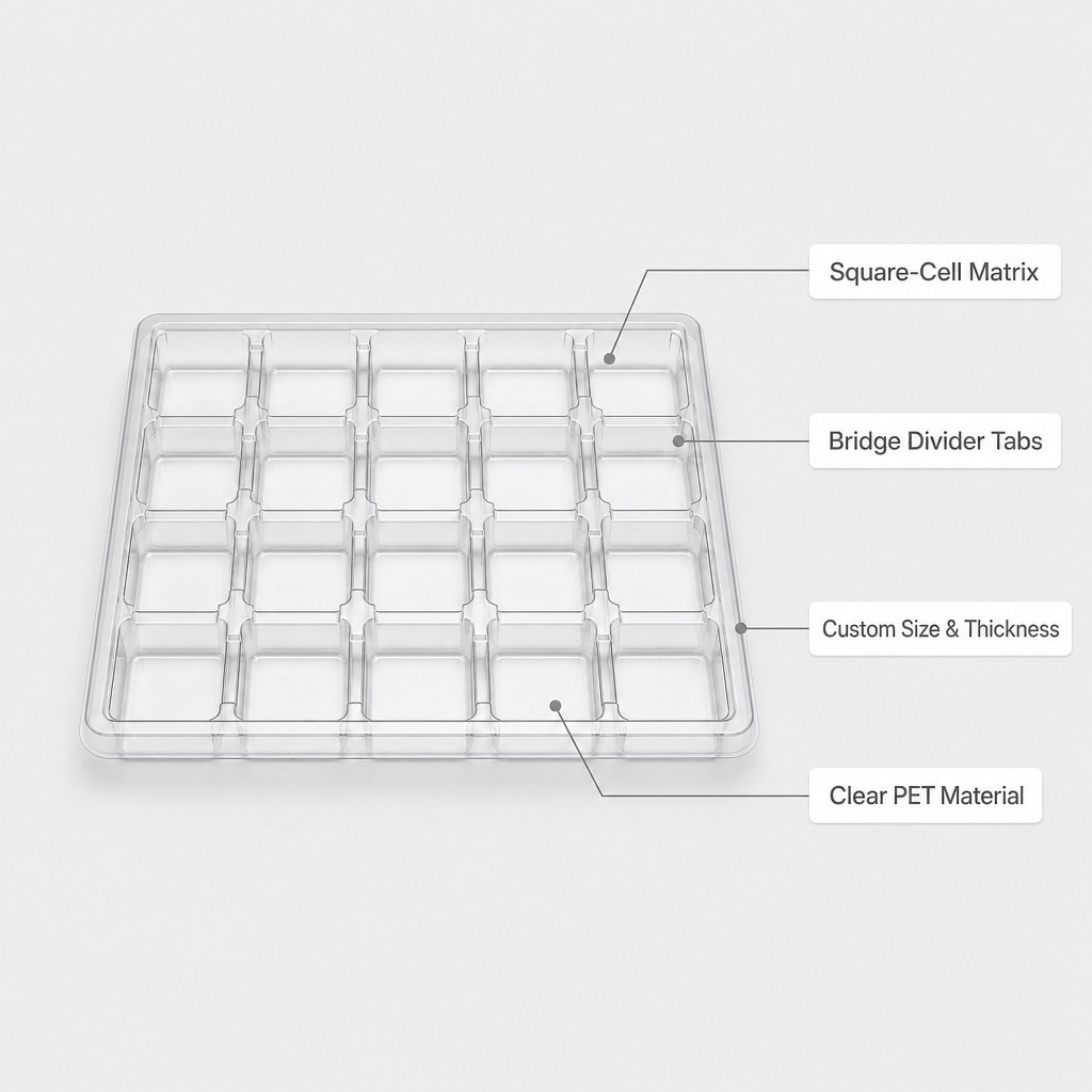 Clear PET Blister Tray Square Cell Bridge Divider Vacuum Formed Packaging Tray for Cutlery Hardware Tools Custom