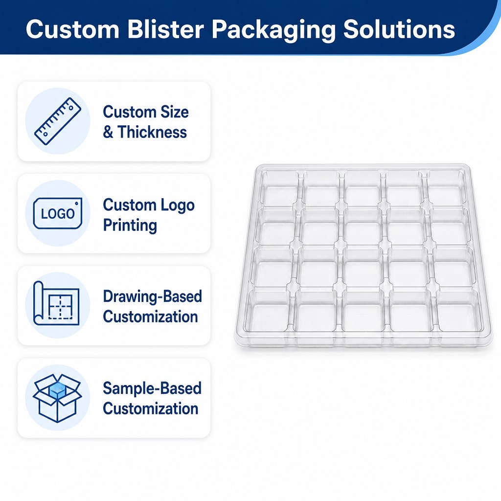 Clear PET Blister Tray Square Cell Bridge Divider Vacuum Formed Packaging Tray for Cutlery Hardware Tools Custom