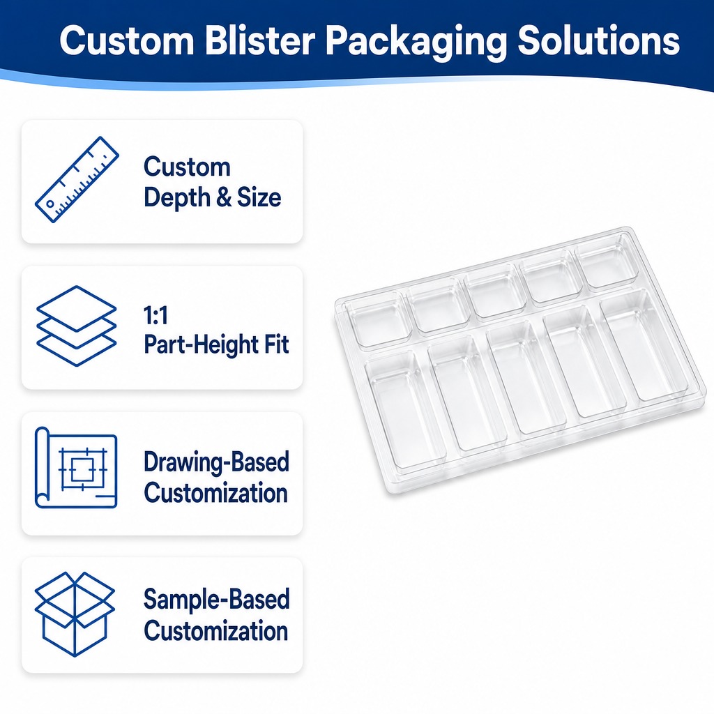 OEM ODM PET Blister Tray Made With Custom Mold Cavity Design Tailored for Hardware and Auto Parts Packaging Factory